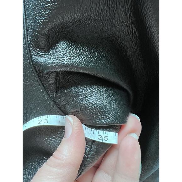 Vintage 90s Y2k Black Soft Leather Coat Cinched Waist Mid Length Sz 16 Faux Fur - Picture 14 of 16